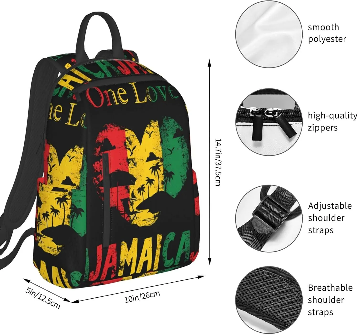 One Loves Jamaican Rasta Reggae Seaside Vacation Casual Backpacks Laptop Backpack Outdoor Travel Rucksack Sport Carry-On Daypack Lightweight Bag with Multi-Pockets