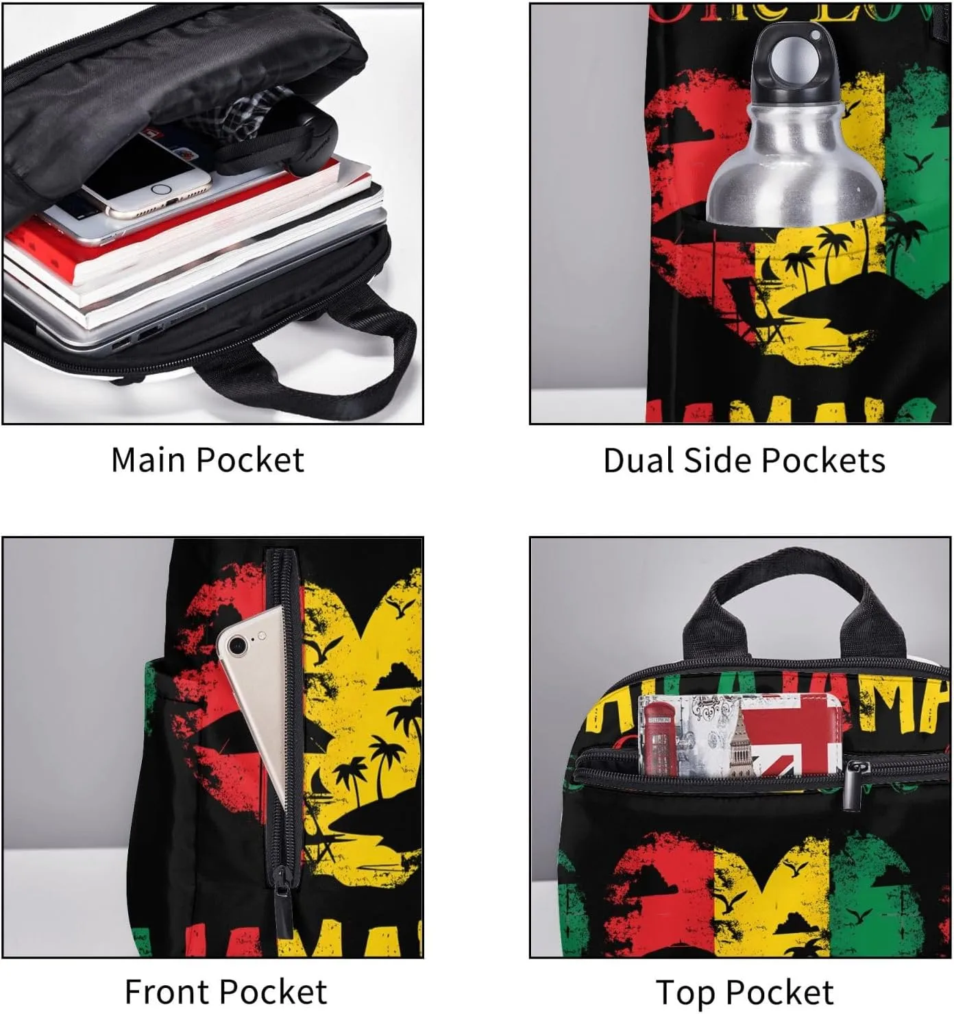 One Loves Jamaican Rasta Reggae Seaside Vacation Casual Backpacks Laptop Backpack Outdoor Travel Rucksack Sport Carry-On Daypack Lightweight Bag with Multi-Pockets