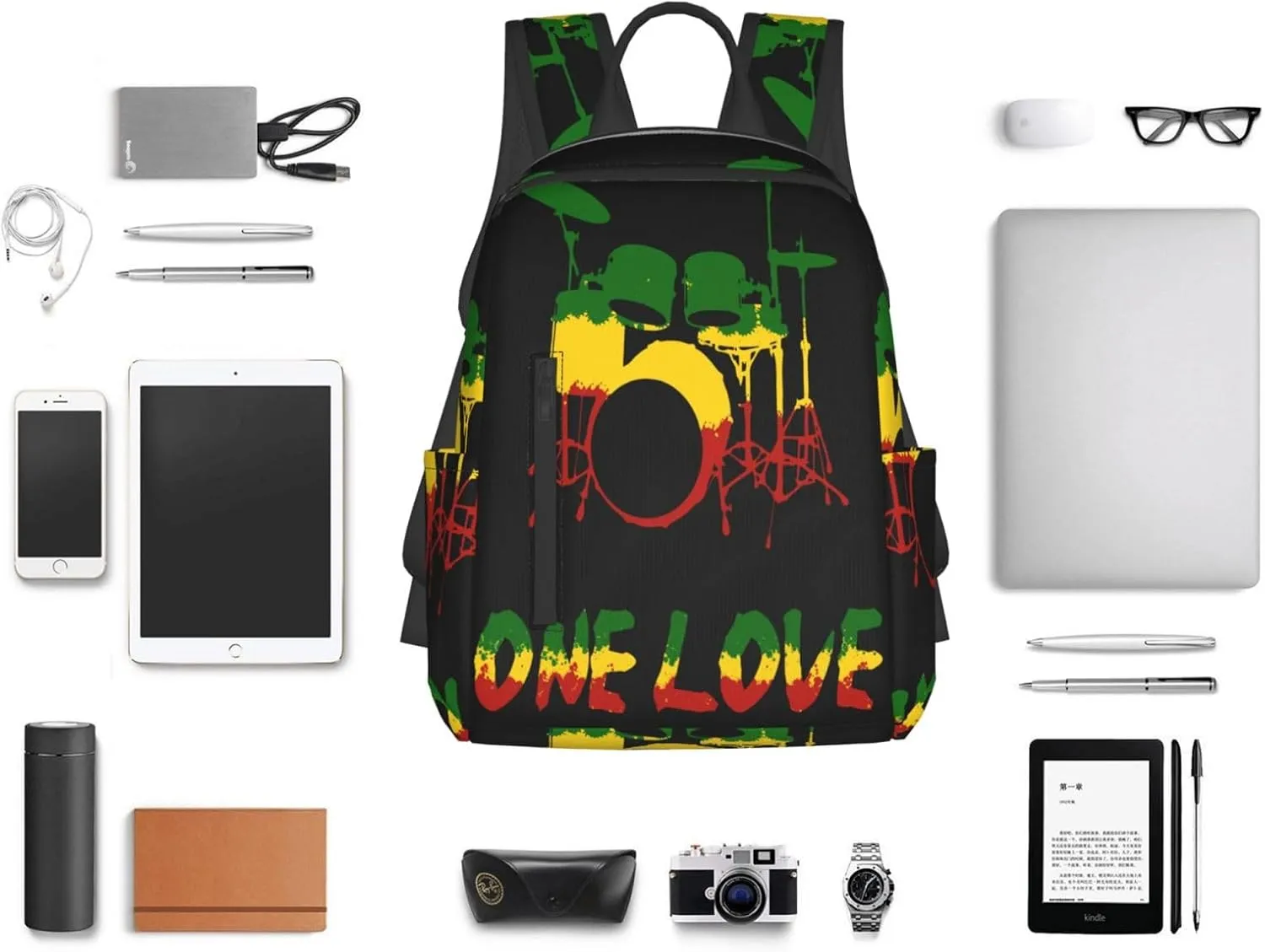 One Loves Rasta Reggae Roots Drum Set Music Casual Backpacks Laptop Backpack Outdoor Travel Rucksack Sport Carry-On Daypack Lightweight Bag with Multi-Pockets