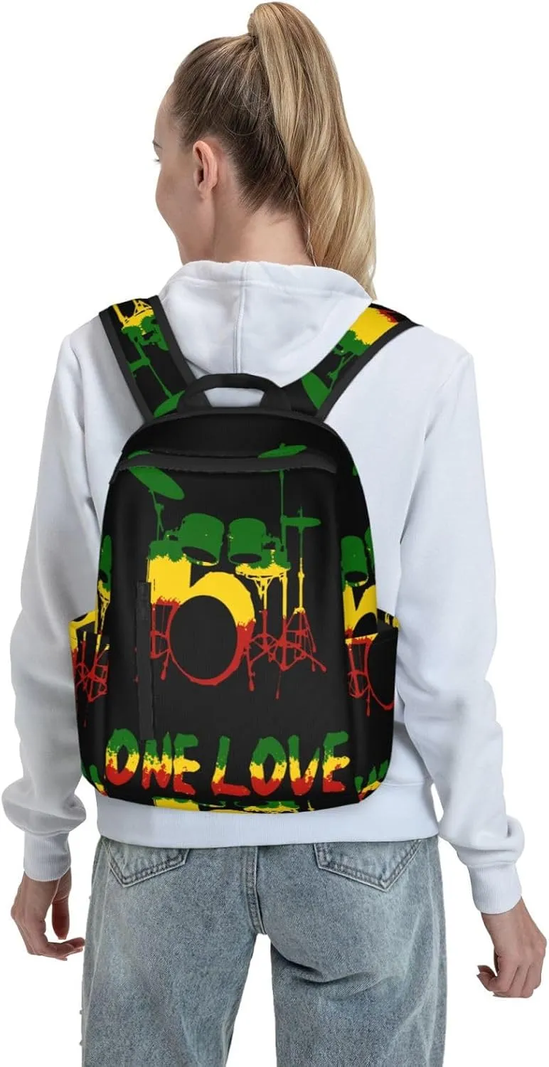 One Loves Rasta Reggae Roots Drum Set Music Casual Backpacks Laptop Backpack Outdoor Travel Rucksack Sport Carry-On Daypack Lightweight Bag with Multi-Pockets