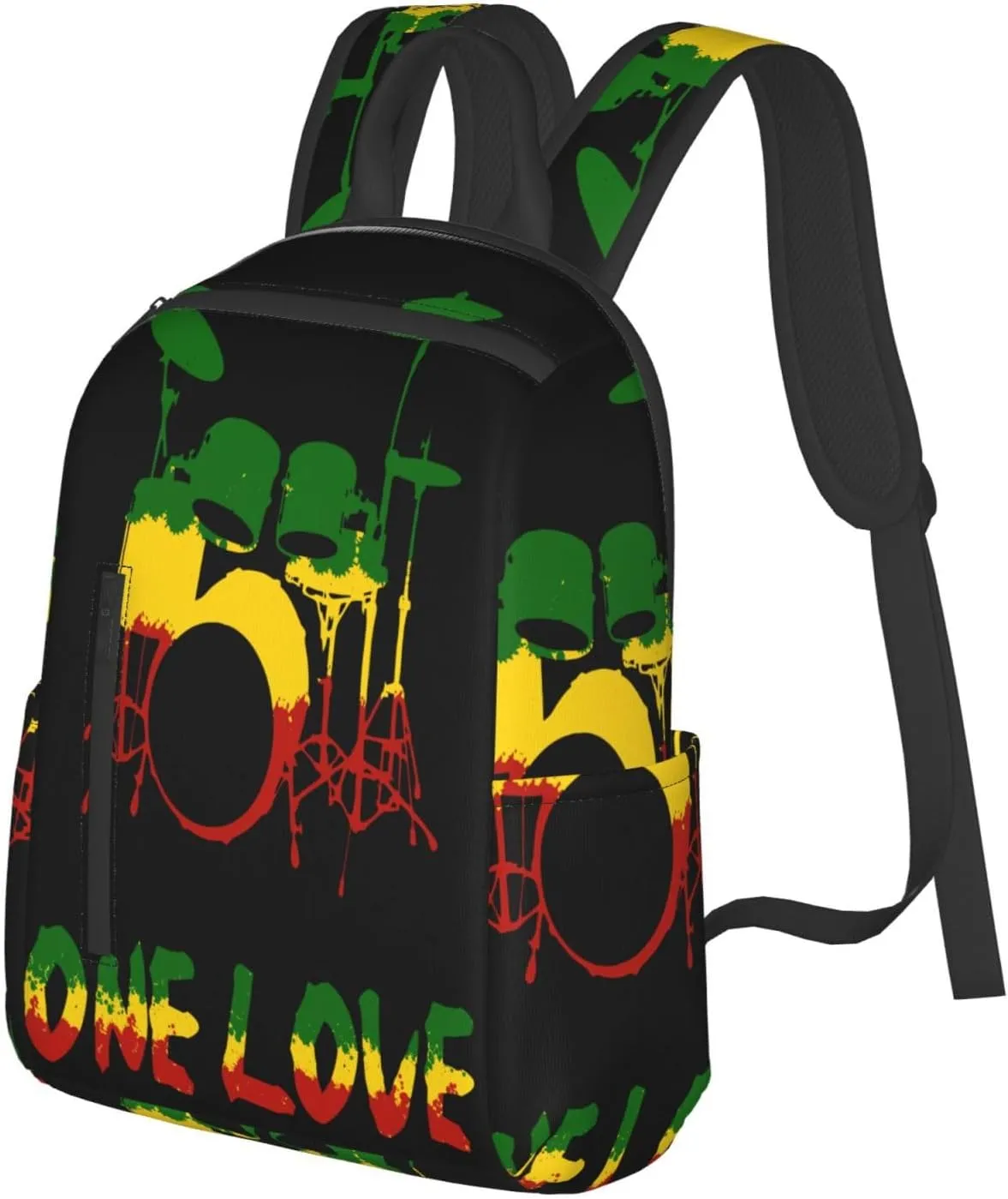 One Loves Rasta Reggae Roots Drum Set Music Casual Backpacks Laptop Backpack Outdoor Travel Rucksack Sport Carry-On Daypack Lightweight Bag with Multi-Pockets