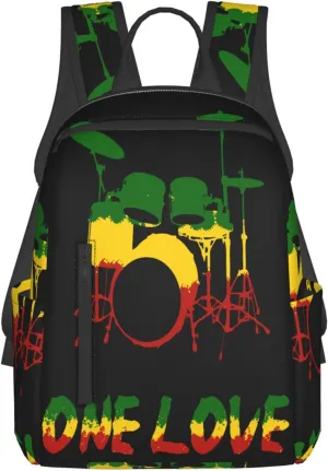 One Loves Rasta Reggae Roots Drum Set Music Casual Backpacks Laptop Backpack Outdoor Travel Rucksack Sport Carry-On Daypack Lightweight Bag with Multi-Pockets