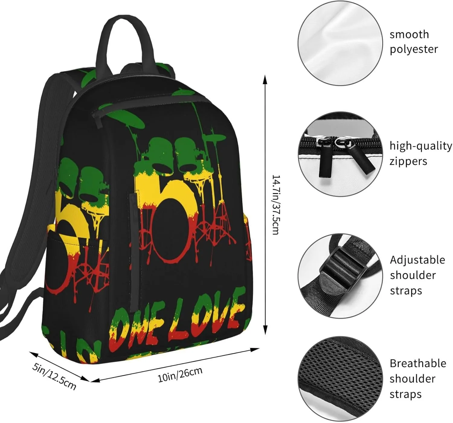 One Loves Rasta Reggae Roots Drum Set Music Casual Backpacks Laptop Backpack Outdoor Travel Rucksack Sport Carry-On Daypack Lightweight Bag with Multi-Pockets