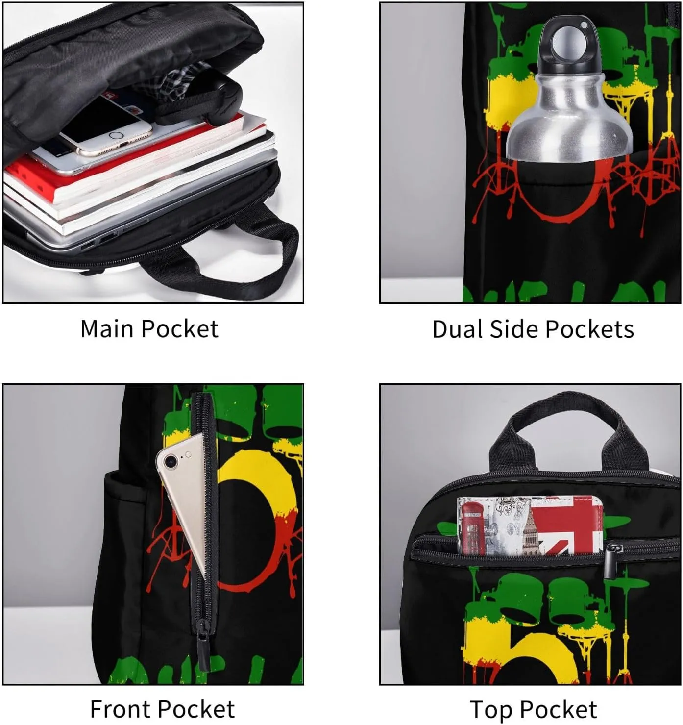 One Loves Rasta Reggae Roots Drum Set Music Casual Backpacks Laptop Backpack Outdoor Travel Rucksack Sport Carry-On Daypack Lightweight Bag with Multi-Pockets