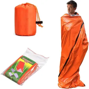 Outdoor Aluminum Foil Sleeping Bag – Heat Reflective Emergency Blanket with Whistle & First Aid for Survival, Camping (Green Bag  Whistle)