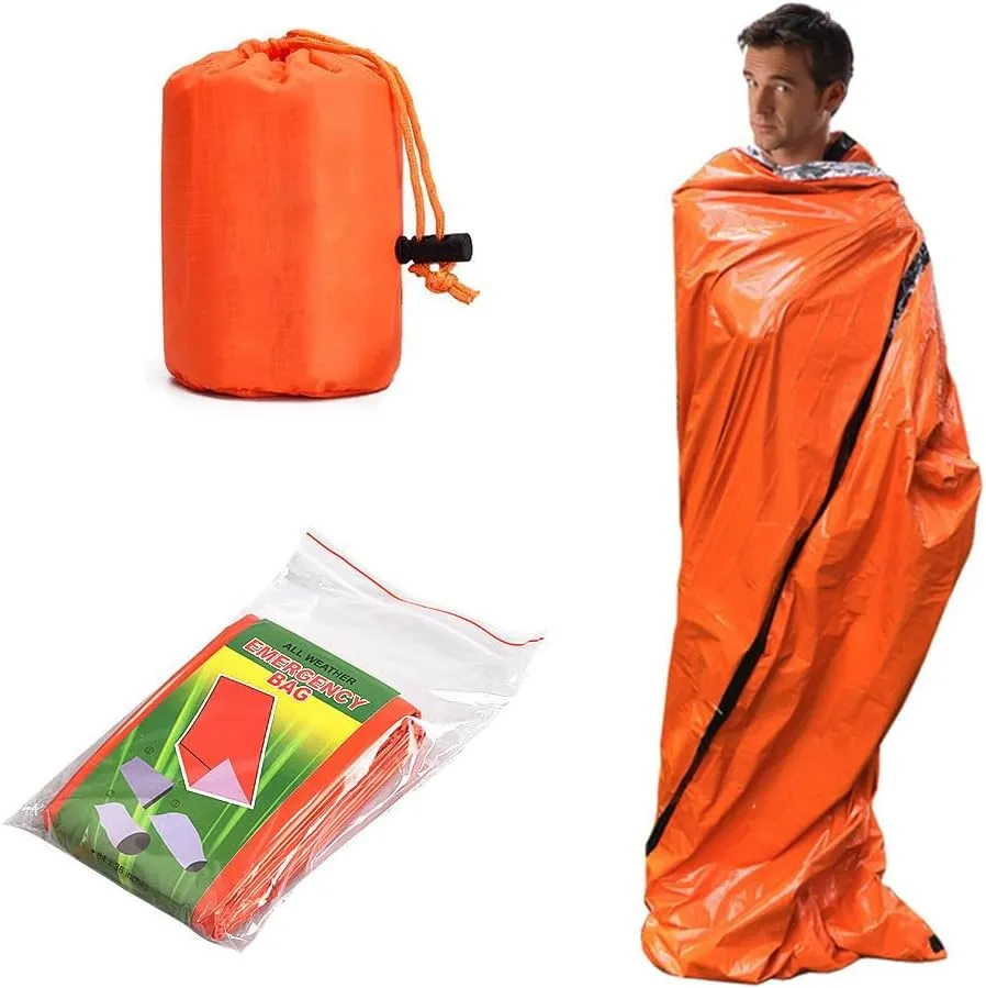 Outdoor Aluminum Foil Sleeping Bag – Heat Reflective Emergency Blanket with Whistle & First Aid for Survival, Camping (Green Bag  Whistle)