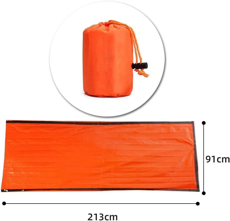 Outdoor Aluminum Foil Sleeping Bag – Heat Reflective Emergency Blanket with Whistle & First Aid for Survival, Camping (Green Bag  Whistle)