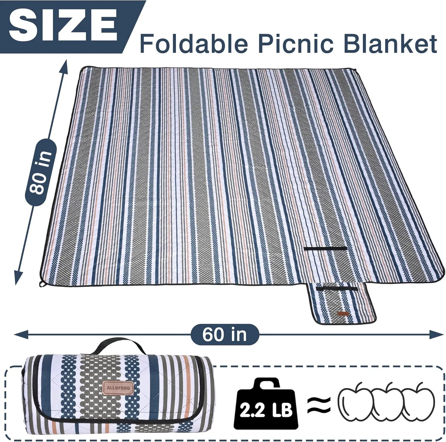 Oversized Waterproof Picnic Mat, Dustproof Washable Outdoor Beach Mat. Suitable for Camping, Outdoor, Beach, Party and Concert. (Dark Blue & Light Green, 80" * 60")