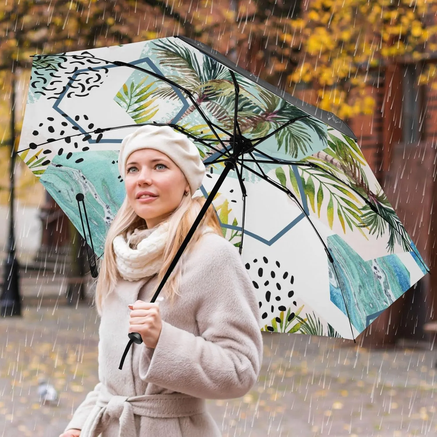 Oyihfvs Automatic Umbrella, Folding Umbrella Reinforced Anti-UV Sun rain Auto Open/Close