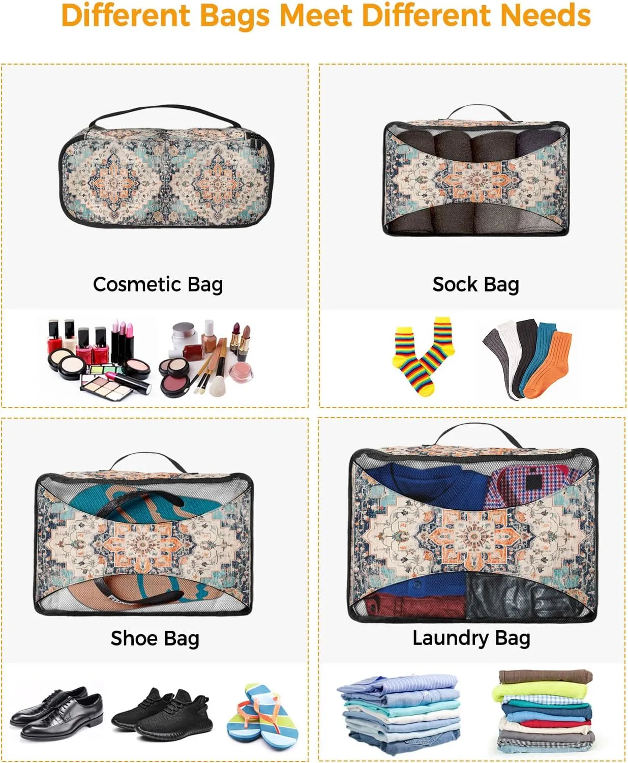 Packing Cubes for Travel, 4 Set Travel Packing Organized Cubes Boho Oriental Medallion Retro Distressed Bohemian Waterproof Luggage Organizer with Laundry Bag Travel Accessories for Carry On Suitcases