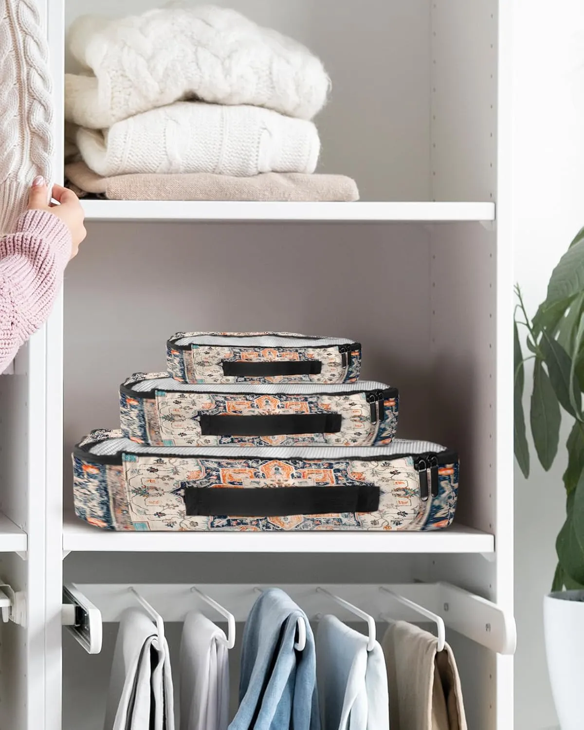 Packing Cubes for Travel, 4 Set Travel Packing Organized Cubes Boho Oriental Medallion Retro Distressed Bohemian Waterproof Luggage Organizer with Laundry Bag Travel Accessories for Carry On Suitcases