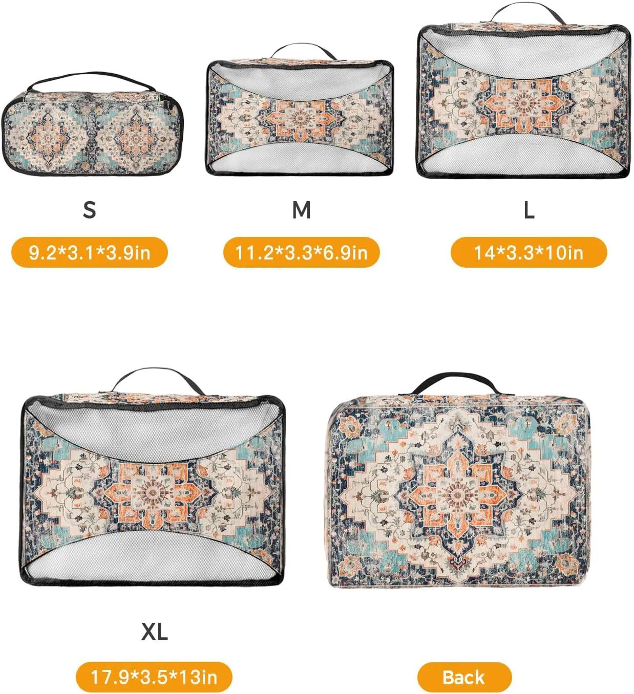 Packing Cubes for Travel, 4 Set Travel Packing Organized Cubes Boho Oriental Medallion Retro Distressed Bohemian Waterproof Luggage Organizer with Laundry Bag Travel Accessories for Carry On Suitcases