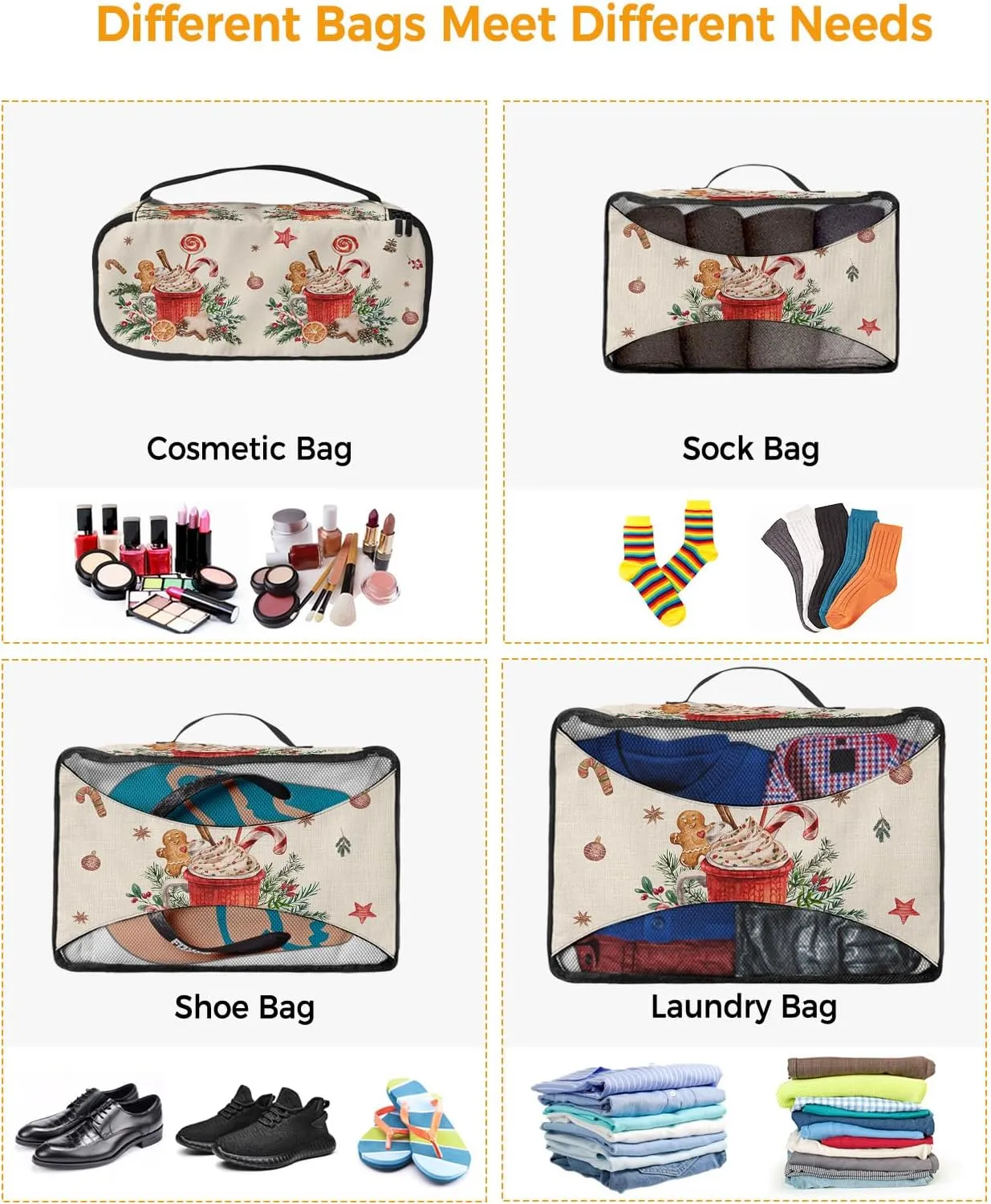 Packing Cubes for Travel, 4 Set Travel Packing Organized Cubes Christmas Gingerbread Man Coffee Cappuccino Linen Waterproof Luggage Organizer with Laundry Bag Travel Accessories for Carry On Suitcases