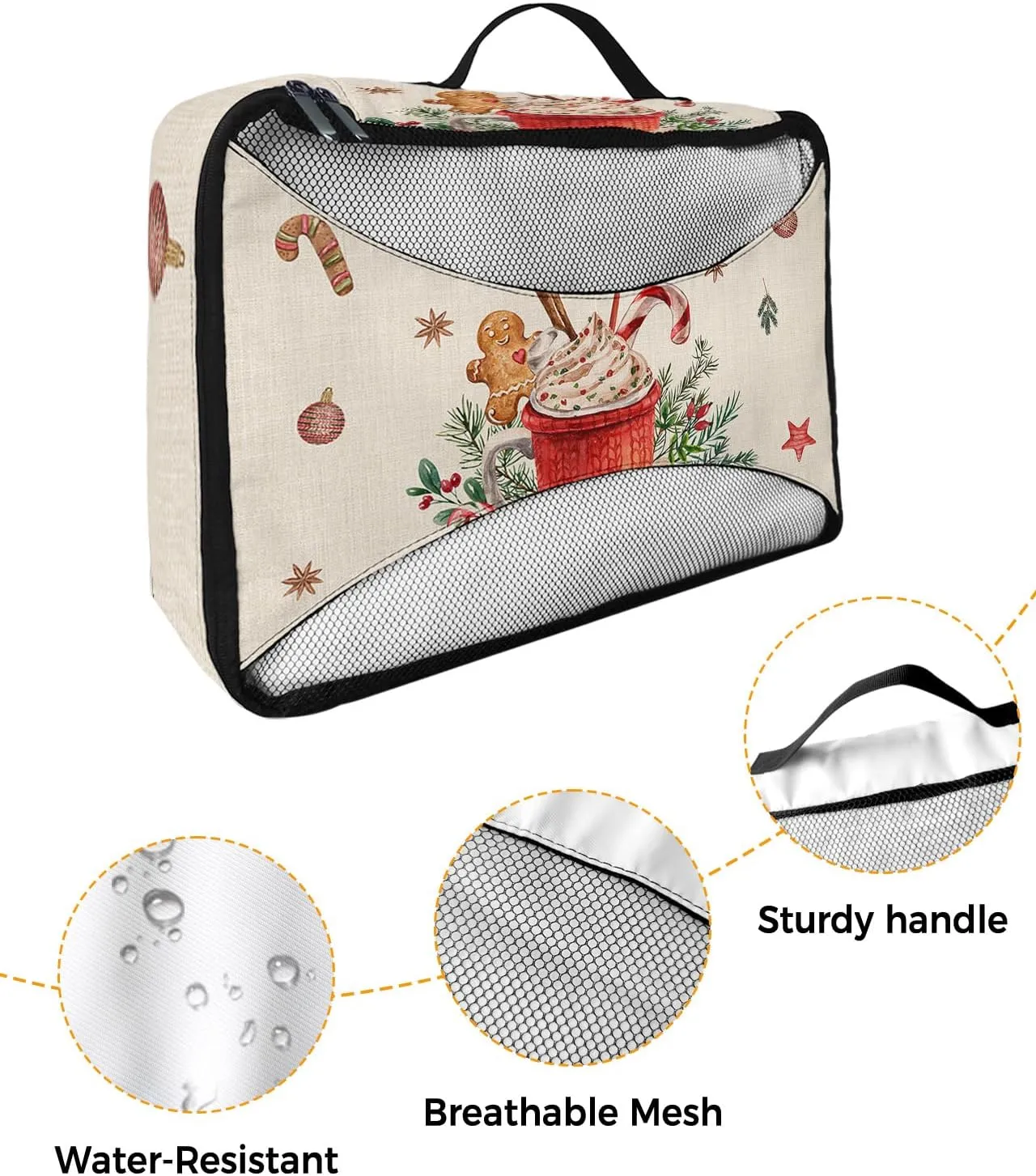 Packing Cubes for Travel, 4 Set Travel Packing Organized Cubes Christmas Gingerbread Man Coffee Cappuccino Linen Waterproof Luggage Organizer with Laundry Bag Travel Accessories for Carry On Suitcases
