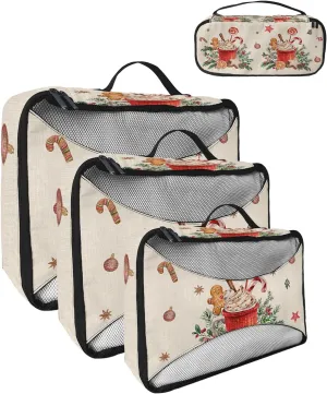 Packing Cubes for Travel, 4 Set Travel Packing Organized Cubes Christmas Gingerbread Man Coffee Cappuccino Linen Waterproof Luggage Organizer with Laundry Bag Travel Accessories for Carry On Suitcases