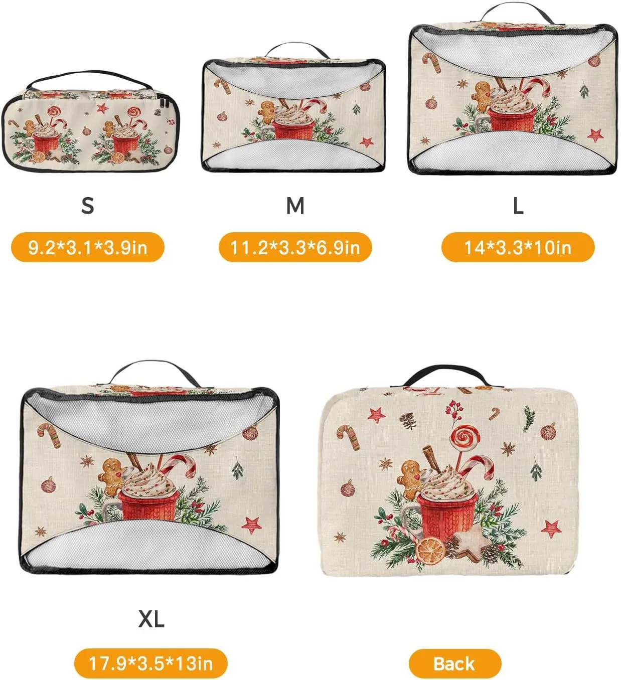 Packing Cubes for Travel, 4 Set Travel Packing Organized Cubes Christmas Gingerbread Man Coffee Cappuccino Linen Waterproof Luggage Organizer with Laundry Bag Travel Accessories for Carry On Suitcases