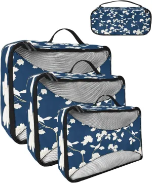 Packing Cubes for Travel, 4 Set Travel Packing Organized Cubes Floral Plant Birds Pattern Blue Waterproof Luggage Organizer with Laundry Bag Shoe Bag Travel Accessories for Carry On Suitcases
