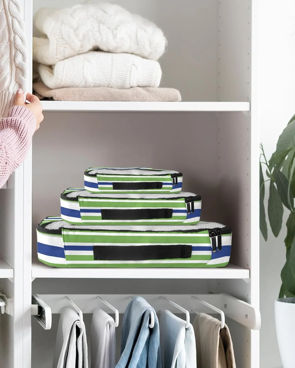 Packing Cubes for Travel, 4 Set Travel Packing Organized Cubes Green Blue White Stripe Waterproof Luggage Organizer with Laundry Bag Shoe Bag Travel Accessories for Carry On Suitcases