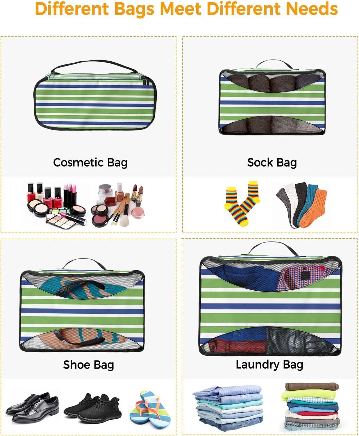 Packing Cubes for Travel, 4 Set Travel Packing Organized Cubes Green Blue White Stripe Waterproof Luggage Organizer with Laundry Bag Shoe Bag Travel Accessories for Carry On Suitcases