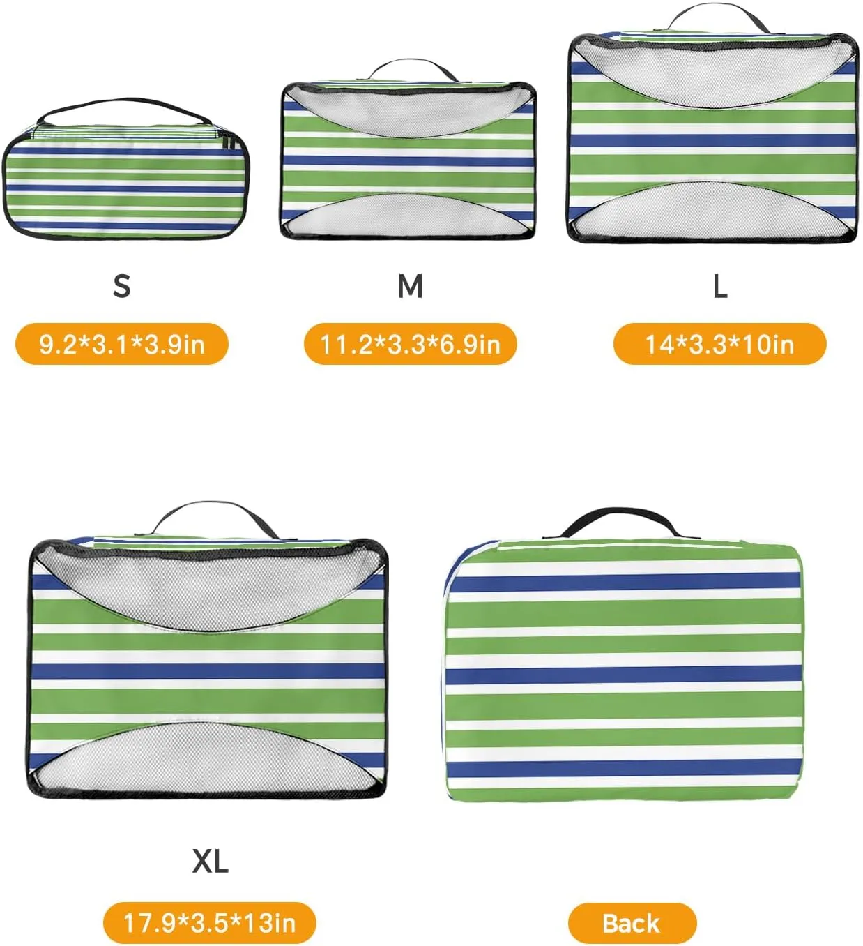 Packing Cubes for Travel, 4 Set Travel Packing Organized Cubes Green Blue White Stripe Waterproof Luggage Organizer with Laundry Bag Shoe Bag Travel Accessories for Carry On Suitcases