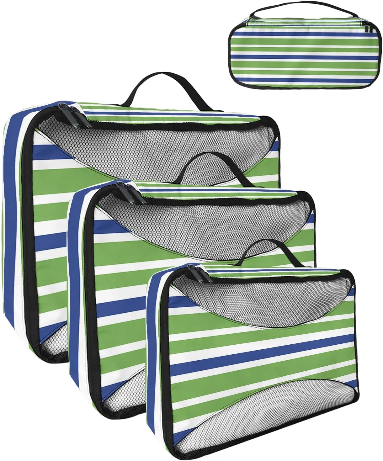 Packing Cubes for Travel, 4 Set Travel Packing Organized Cubes Green Blue White Stripe Waterproof Luggage Organizer with Laundry Bag Shoe Bag Travel Accessories for Carry On Suitcases