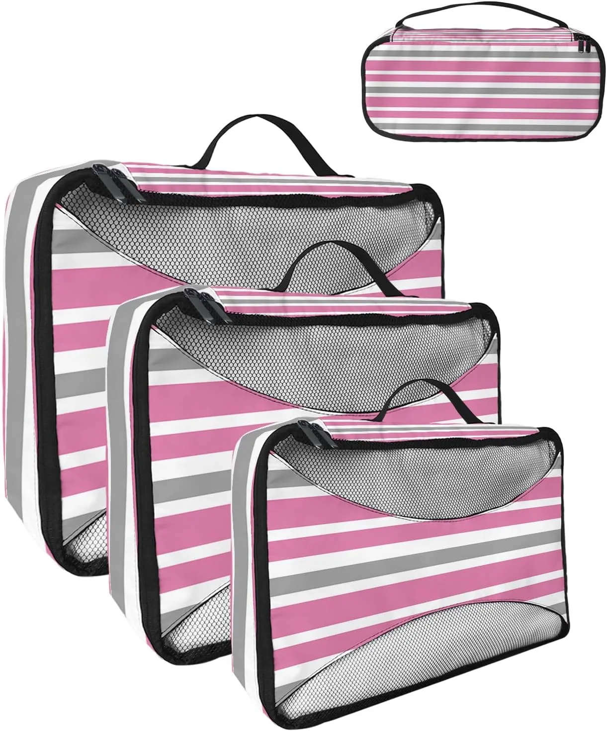 Packing Cubes for Travel, 4 Set Travel Packing Organized Cubes Pink Gray White Stripe Waterproof Luggage Organizer with Laundry Bag Shoe Bag Travel Accessories for Carry On Suitcases