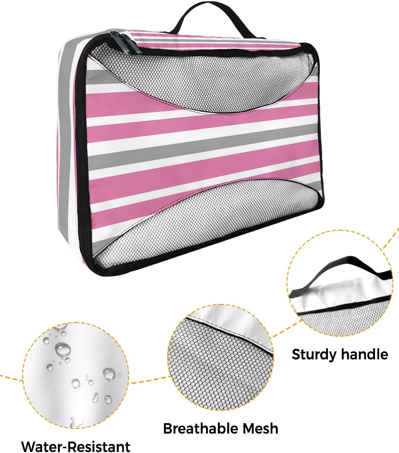 Packing Cubes for Travel, 4 Set Travel Packing Organized Cubes Pink Gray White Stripe Waterproof Luggage Organizer with Laundry Bag Shoe Bag Travel Accessories for Carry On Suitcases