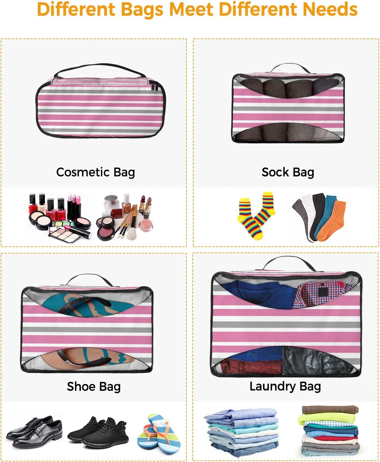 Packing Cubes for Travel, 4 Set Travel Packing Organized Cubes Pink Gray White Stripe Waterproof Luggage Organizer with Laundry Bag Shoe Bag Travel Accessories for Carry On Suitcases