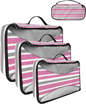 Packing Cubes for Travel, 4 Set Travel Packing Organized Cubes Pink Gray White Stripe Waterproof Luggage Organizer with Laundry Bag Shoe Bag Travel Accessories for Carry On Suitcases