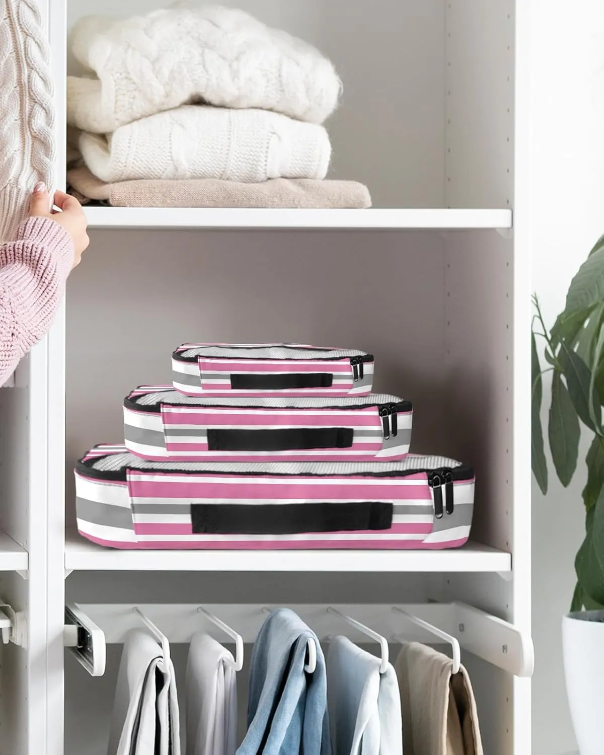 Packing Cubes for Travel, 4 Set Travel Packing Organized Cubes Pink Gray White Stripe Waterproof Luggage Organizer with Laundry Bag Shoe Bag Travel Accessories for Carry On Suitcases