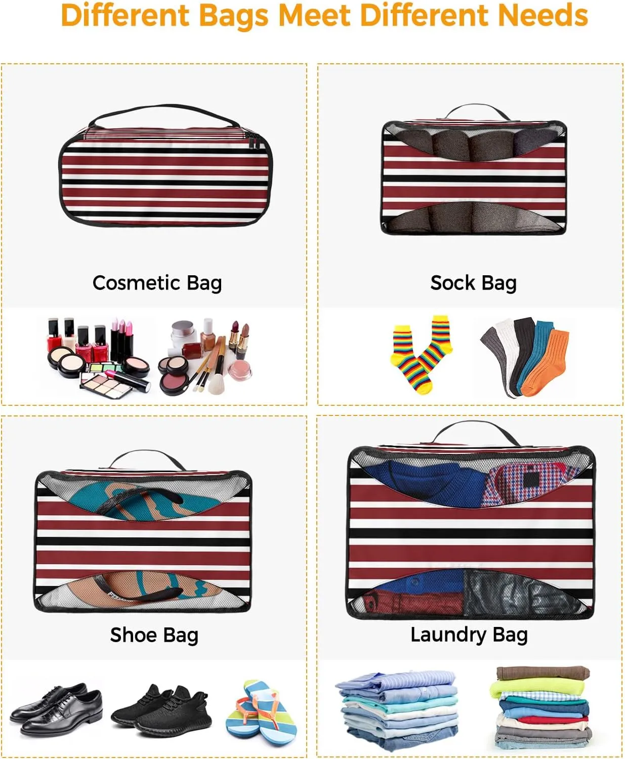Packing Cubes for Travel, 4 Set Travel Packing Organized Cubes Red Black White Stripe Waterproof Luggage Organizer with Laundry Bag Shoe Bag Travel Accessories for Carry On Suitcases
