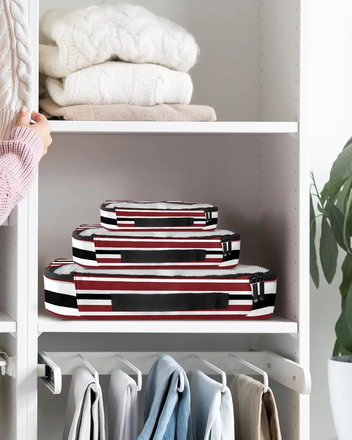 Packing Cubes for Travel, 4 Set Travel Packing Organized Cubes Red Black White Stripe Waterproof Luggage Organizer with Laundry Bag Shoe Bag Travel Accessories for Carry On Suitcases