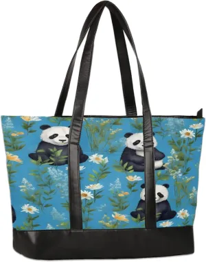 Pandas Flowers Watercolor Laptop Tote Bag for Women Lightweight Work Purse with Multiple Compartments Fits 13-15.6 Inch Laptop Tablet Shoulder Bag for Office Travel Daily Use