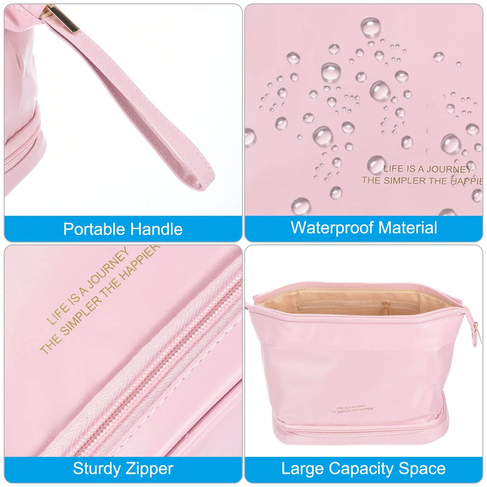 PATIKIL Travel Makeup Bag, Portable Large Capacity Toiletry Bag Double Layer Leather Cosmetic Bag for Women, Pink