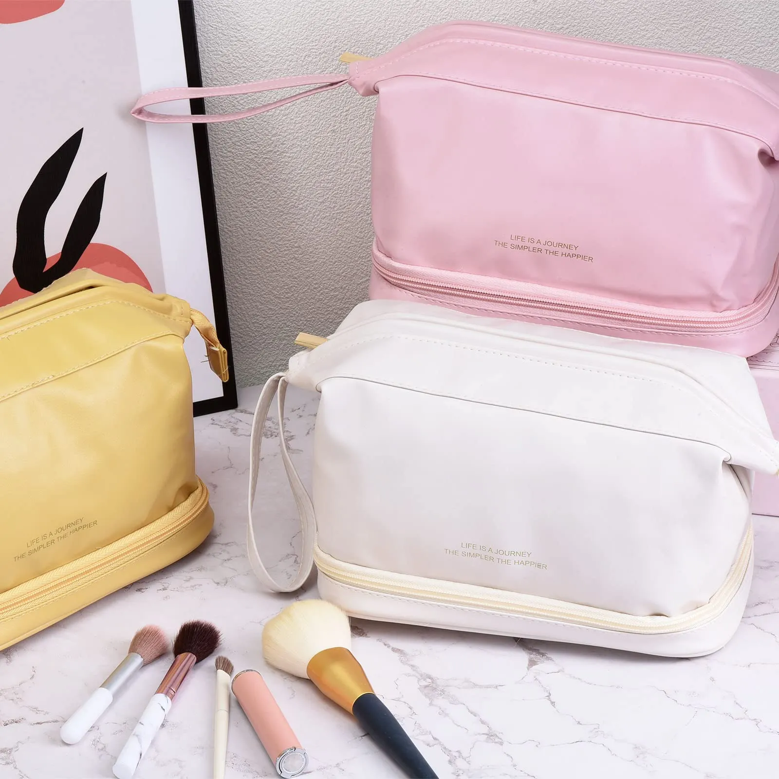 PATIKIL Travel Makeup Bag, Portable Large Capacity Toiletry Bag Double Layer Leather Cosmetic Bag for Women, Pink