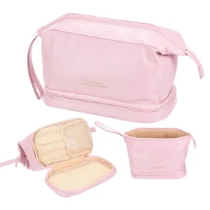 PATIKIL Travel Makeup Bag, Portable Large Capacity Toiletry Bag Double Layer Leather Cosmetic Bag for Women, Pink