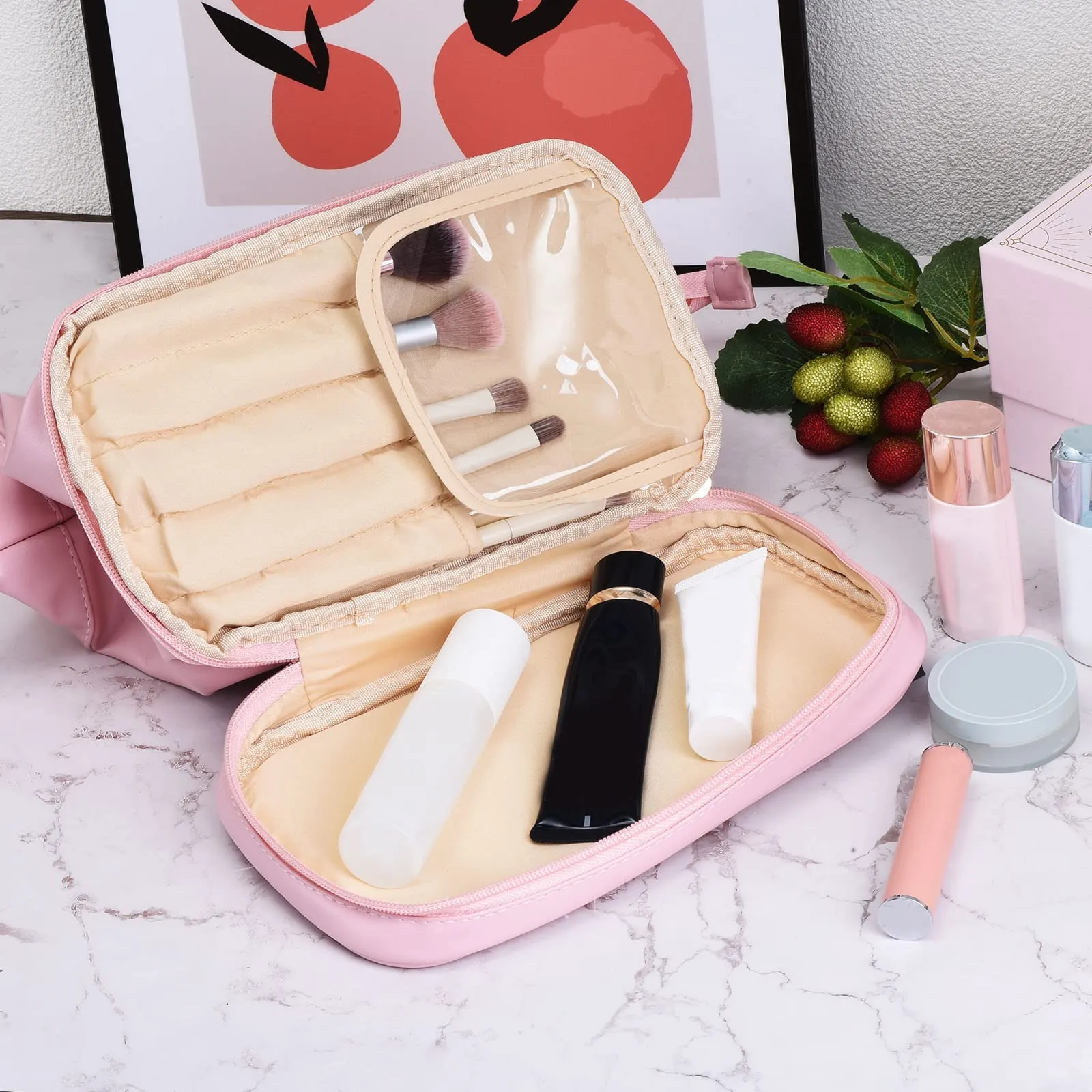 PATIKIL Travel Makeup Bag, Portable Large Capacity Toiletry Bag Double Layer Leather Cosmetic Bag for Women, Pink
