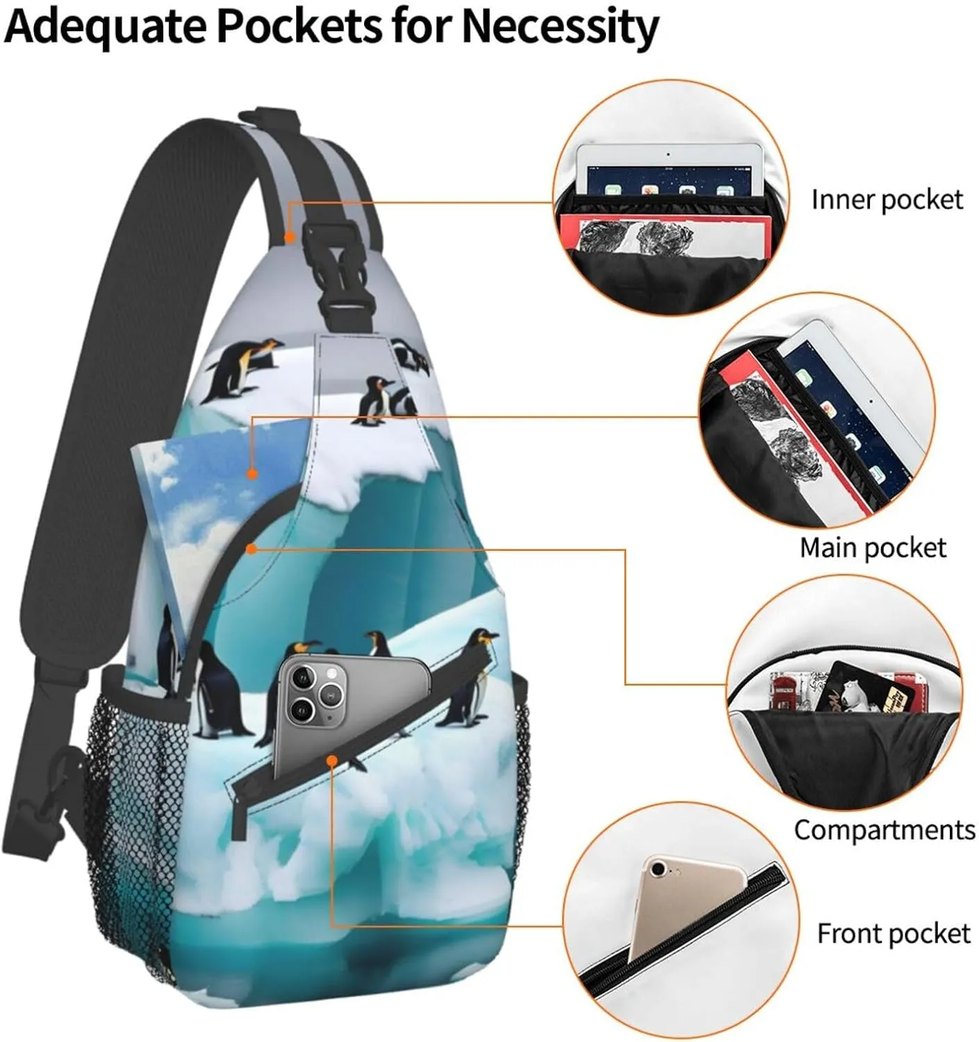 Penguins On The Iceberg Unisex Casual Diagonal Chest Bag,Multipurpose Crossbody Shoulder Bag Travel Hiking Daypack