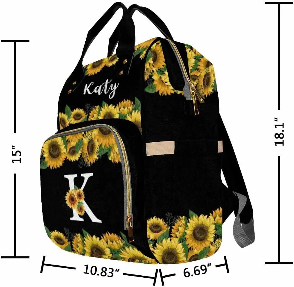 Personalized Backpack with Name, Custom Diaper Bag Warm Sunflower with Initial Fashion Multi-Function Nursing Bags Shoulder Bag Casual Daypack Bag for Mom Shopping Present