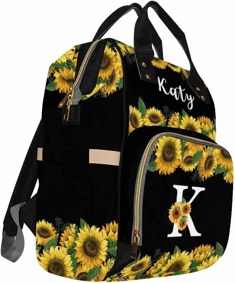 Personalized Backpack with Name, Custom Diaper Bag Warm Sunflower with Initial Fashion Multi-Function Nursing Bags Shoulder Bag Casual Daypack Bag for Mom Shopping Present