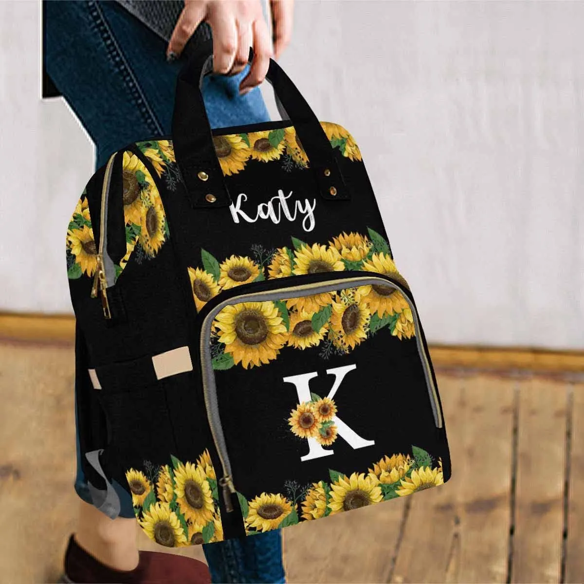 Personalized Backpack with Name, Custom Diaper Bag Warm Sunflower with Initial Fashion Multi-Function Nursing Bags Shoulder Bag Casual Daypack Bag for Mom Shopping Present