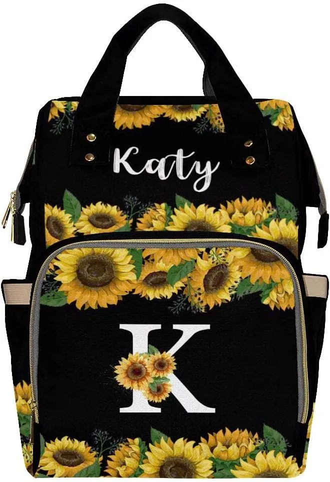 Personalized Backpack with Name, Custom Diaper Bag Warm Sunflower with Initial Fashion Multi-Function Nursing Bags Shoulder Bag Casual Daypack Bag for Mom Shopping Present