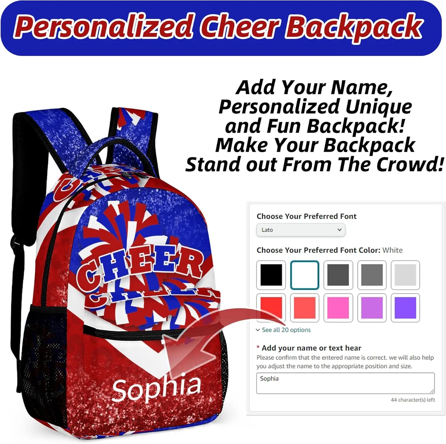 Personalized Cheer Backpack, Custom Cheerleader Backpack with Name, Customize Cheerleading Backpack (Blue&Red)
