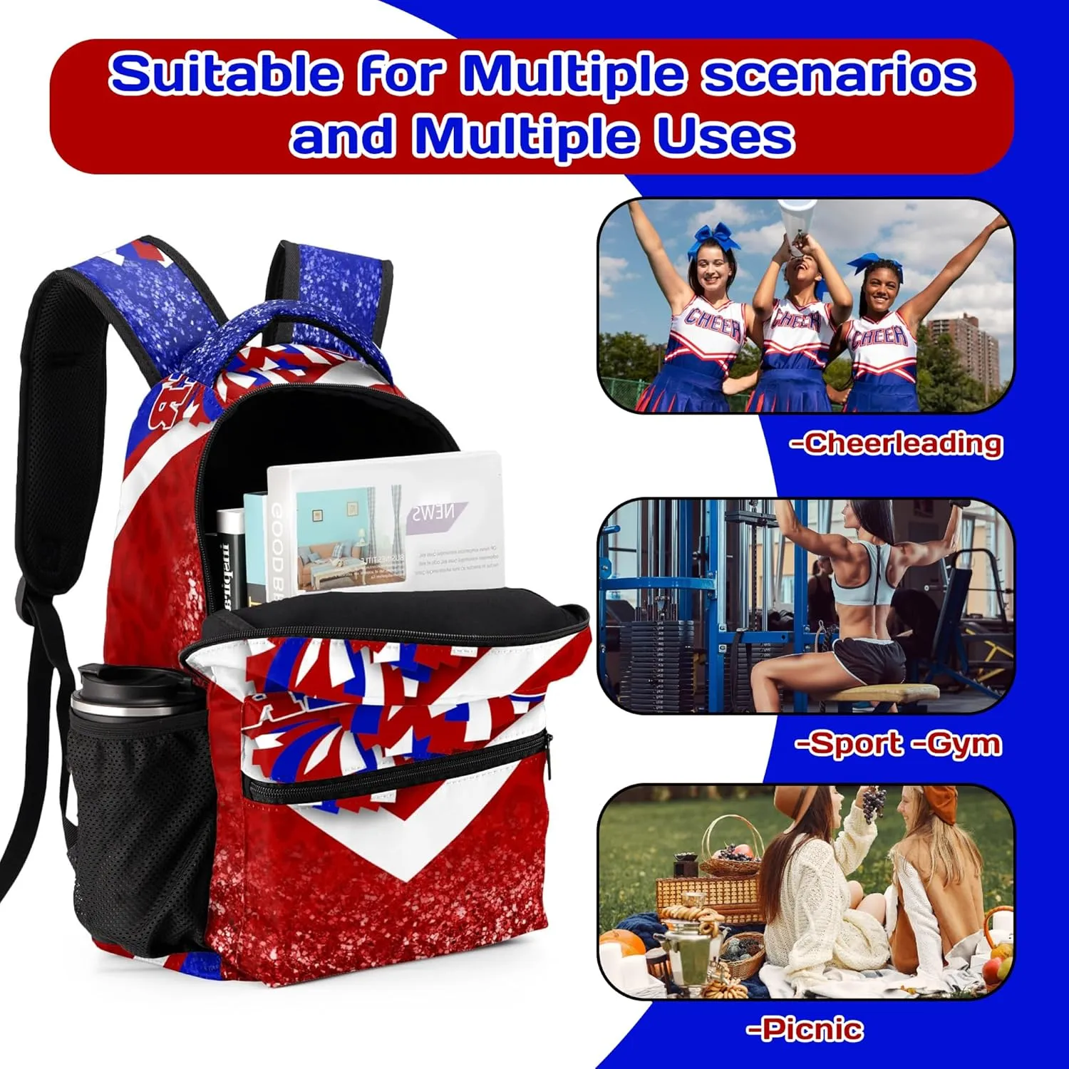 Personalized Cheer Backpack, Custom Cheerleader Backpack with Name, Customize Cheerleading Backpack (Blue&Red)