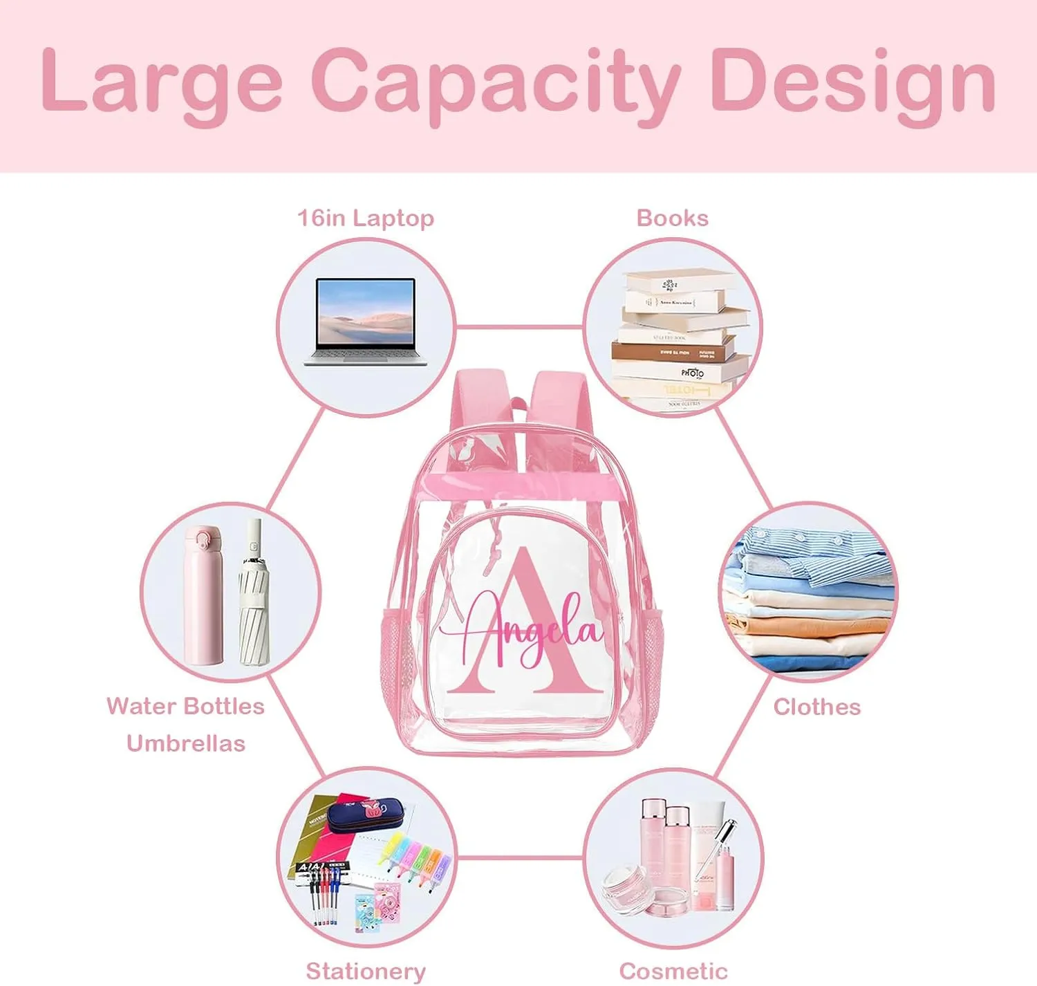 Personalized Clear Backpacks with Name, Custom Letter Clear Backpack for Gifts, with Reinforced Strap & Large Capacity PVC Transparent Waterproof Backpacks for Travel Camping Work
