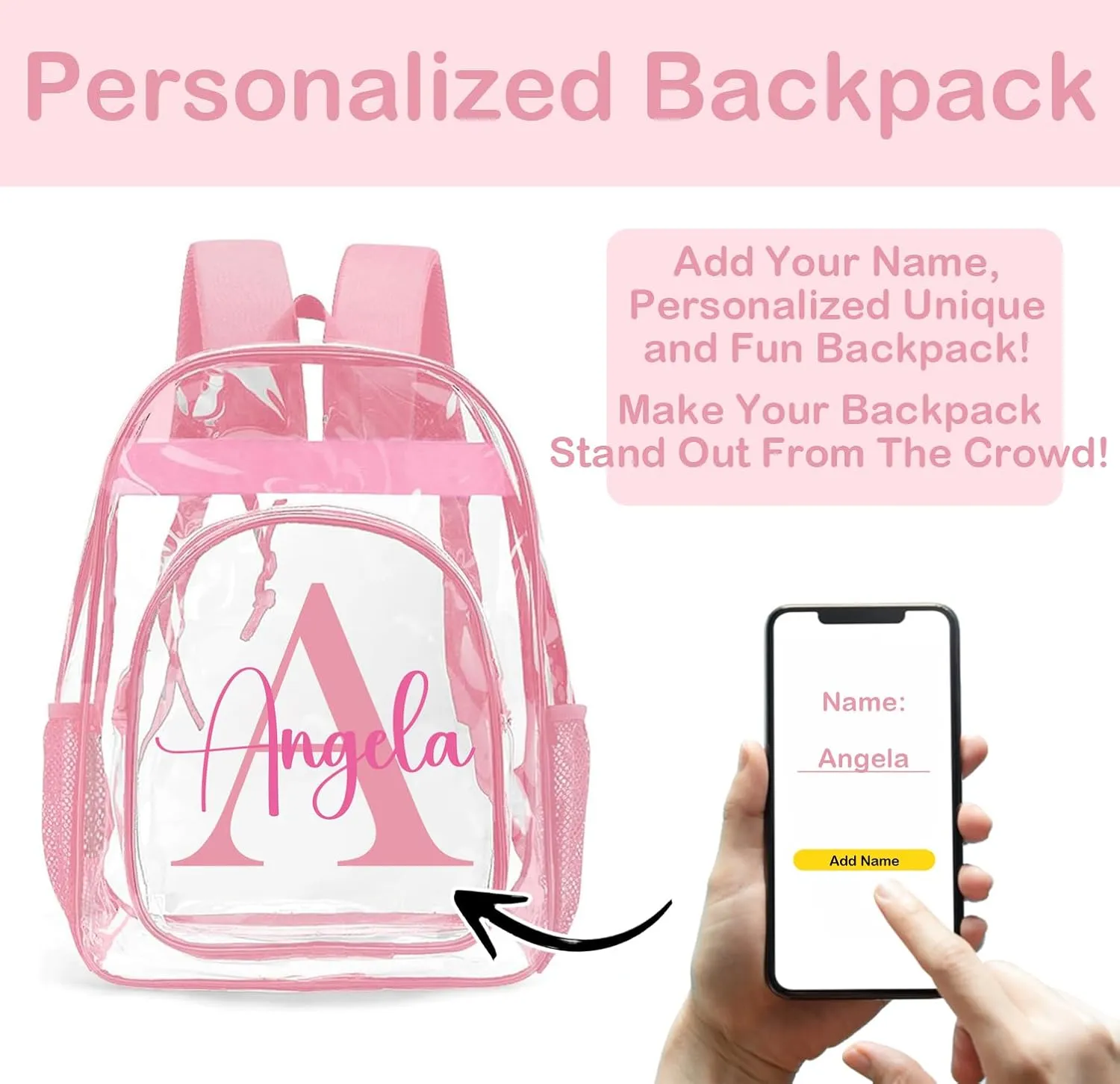 Personalized Clear Backpacks with Name, Custom Letter Clear Backpack for Gifts, with Reinforced Strap & Large Capacity PVC Transparent Waterproof Backpacks for Travel Camping Work