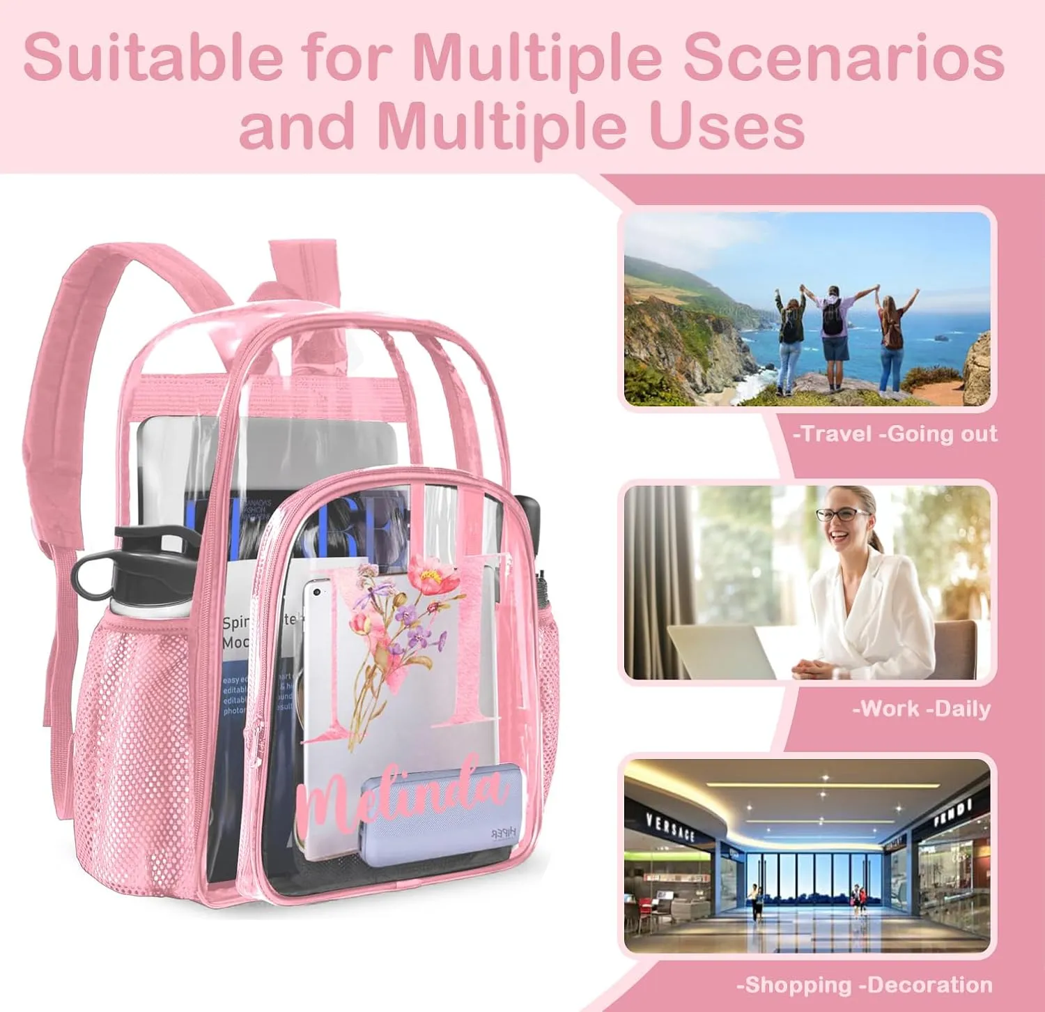 Personalized Clear Backpacks with Name, Custom Letter Clear Backpack for Gifts, with Reinforced Strap & Large Capacity PVC Transparent Waterproof Backpacks for Travel Camping Work