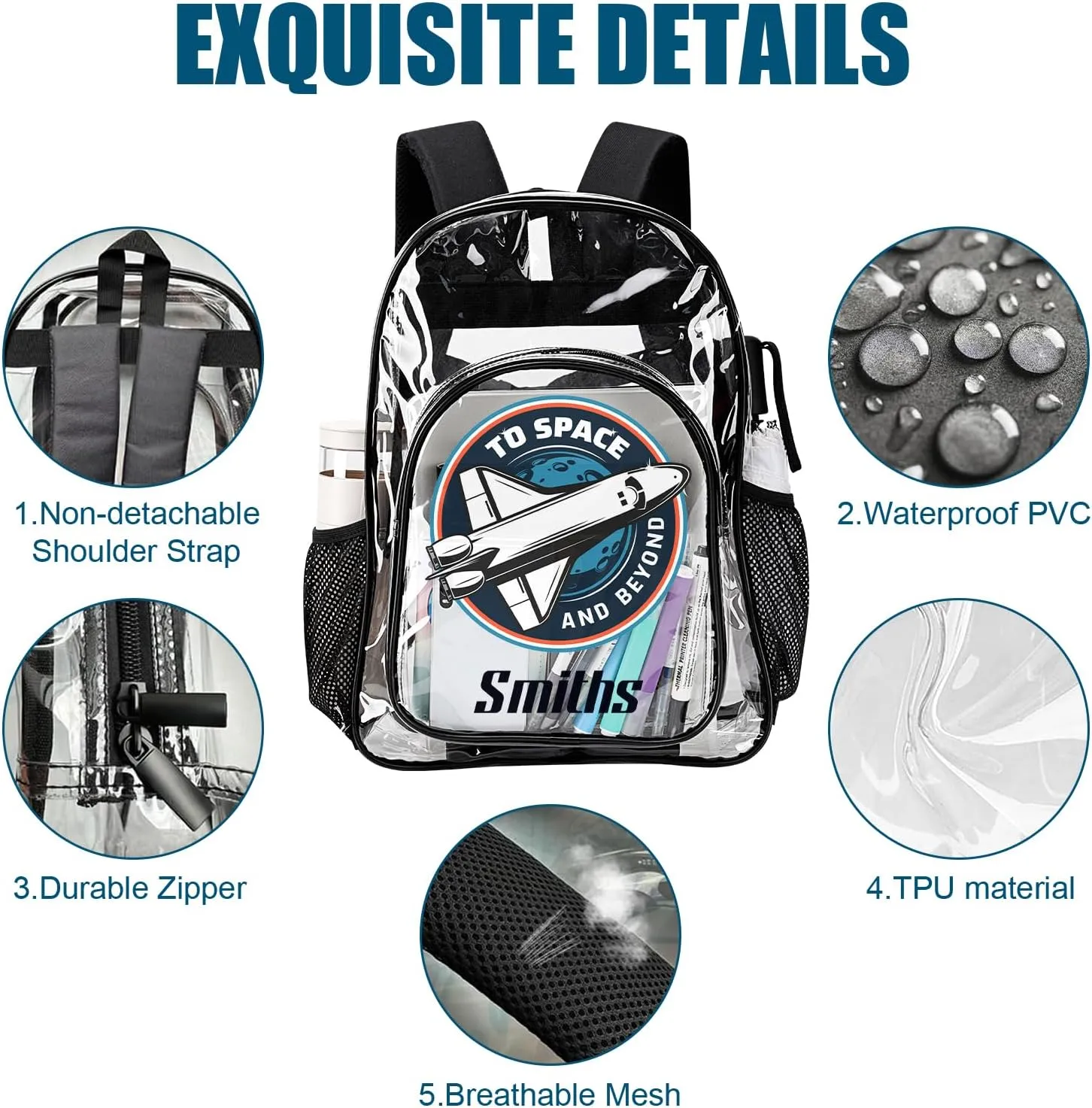 Personalized Clear School Backpack for Boys, Custom Rocket Planet Pattern Backpacks with Name, TPU Waterproof Transparent Bookbag Suitable for Kids, Best Back to School Gifts