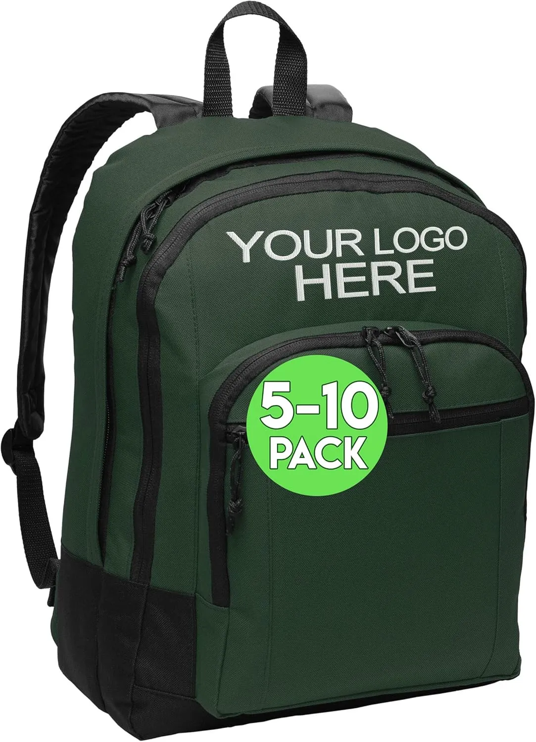Personalized Customized Basic Classic Forest Green College Backpacks, 5 or 10 Pack - Add Your Embroidered Logo