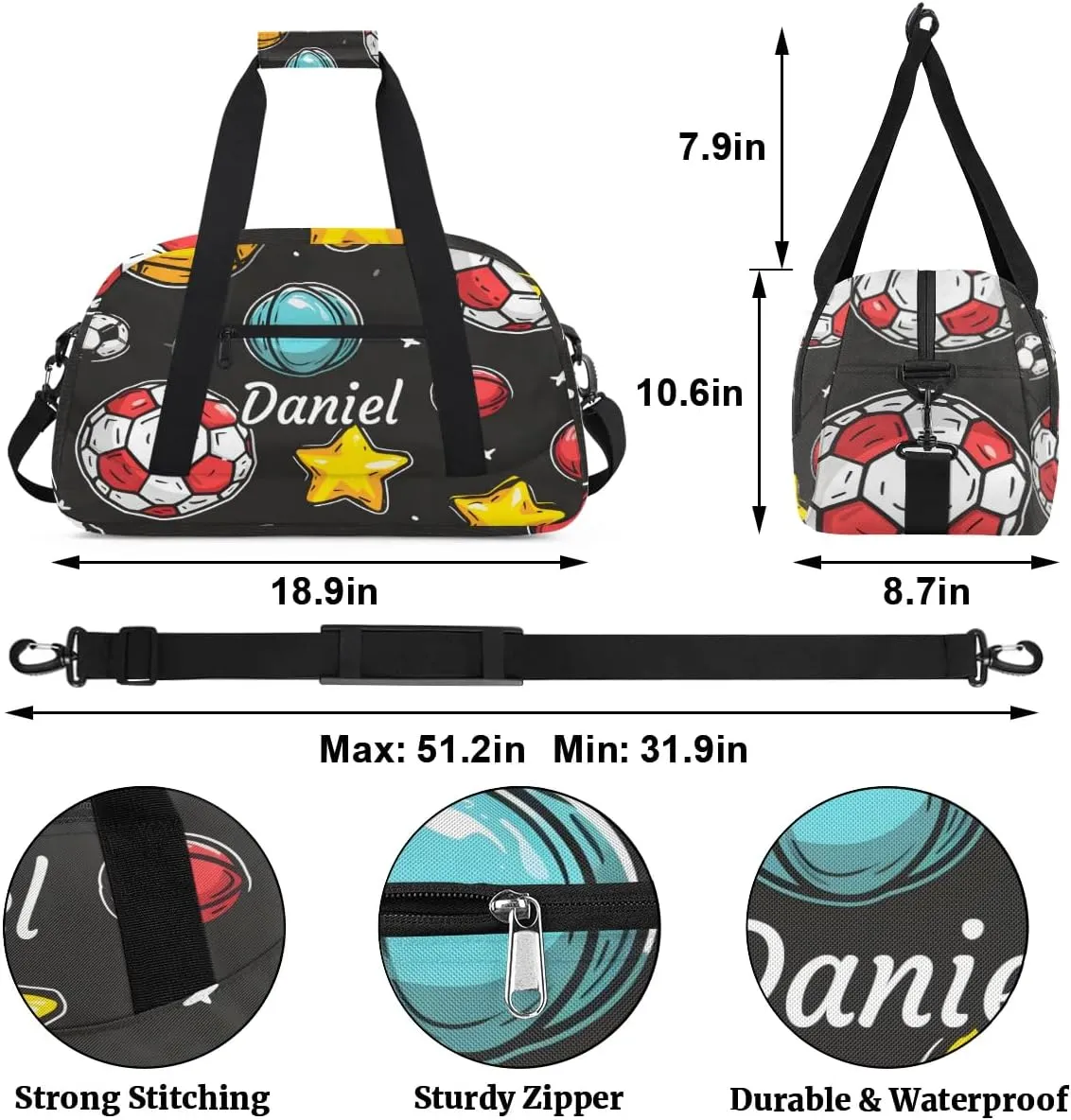 Personalized Duffel Bags for Kids Custom Gym Bag Small Dance Bag Luggage Bags for Boys and Girls Soccer Stars